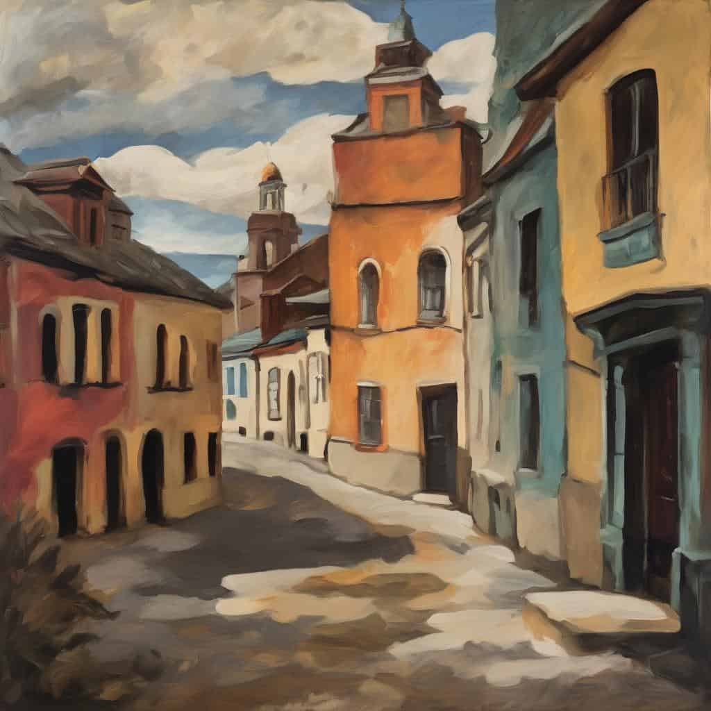 Παράδειγμα τέχνης και μνήμης με πολύχρωμα ιστορικά κτίρια σε μια γειτονιά, αποτυπώνοντας το συναίσθημα και την ιστορία της περιοχής.