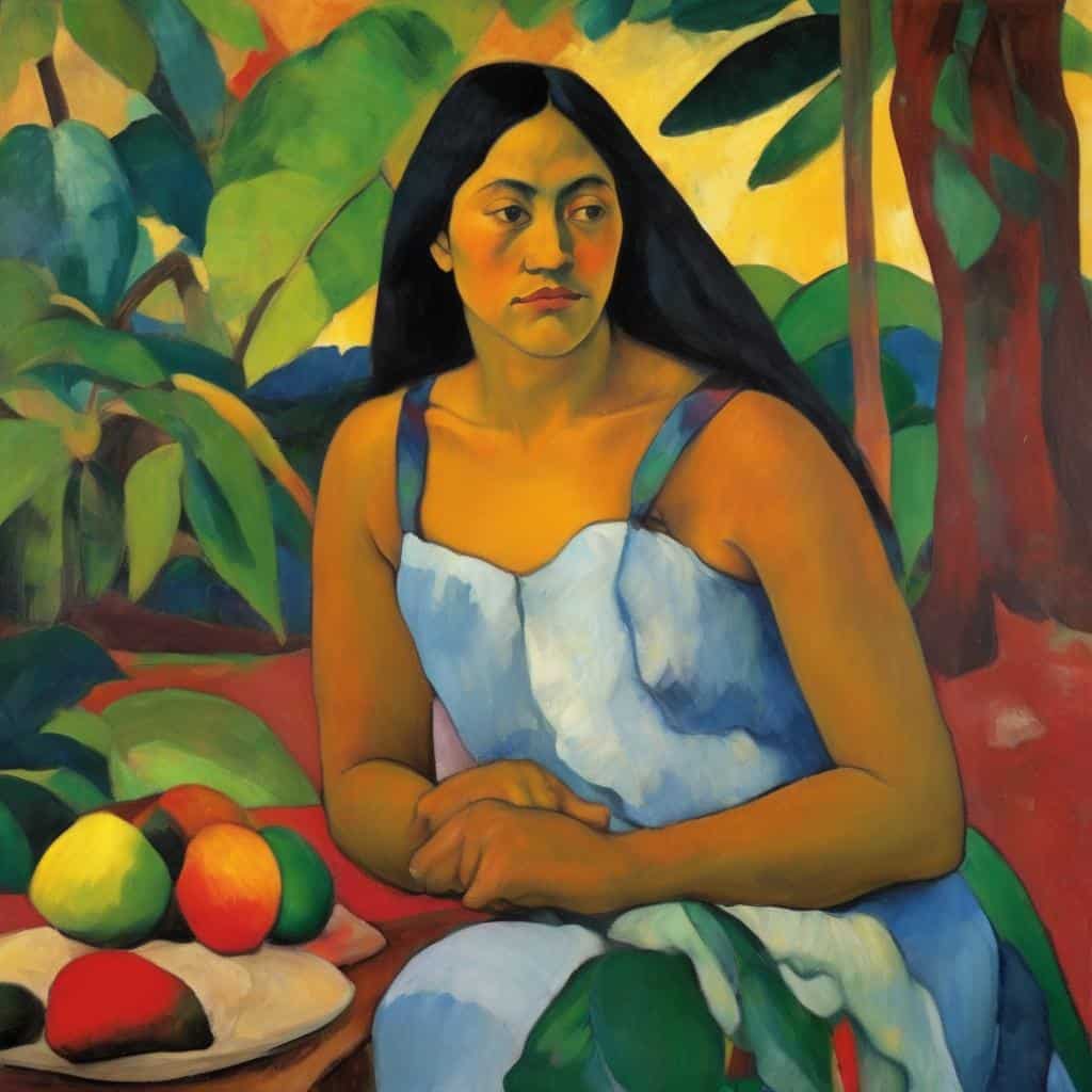 Ζωγραφική πορτρέτο γυναίκας σε φύση με φρούτα, τέχνη και μνήμη, ιστορία και συναισθήματα.