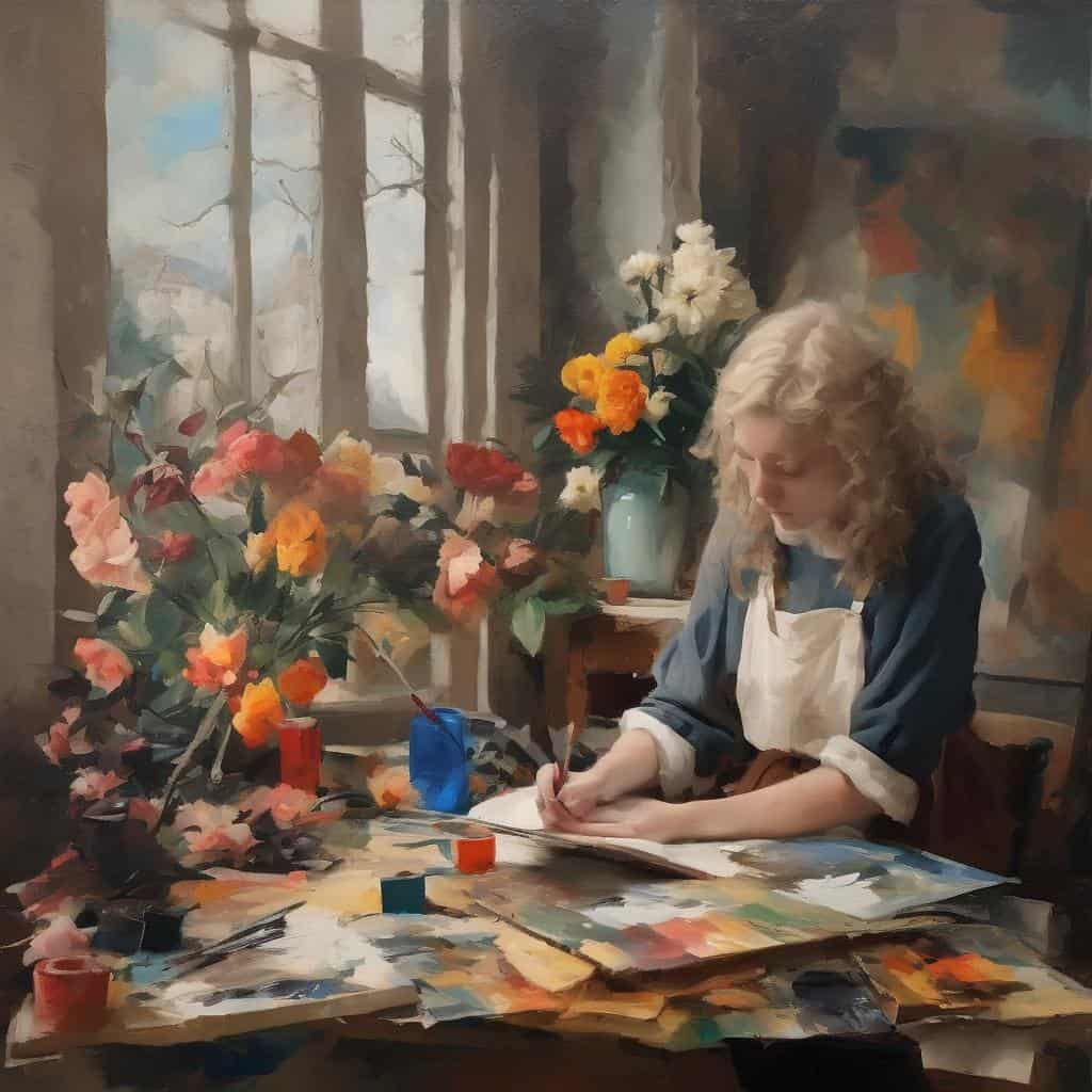 Ουράνιο τοπίο, γυναίκα ζωγραφίζει σε καμβά, ανοιξιάτικα λουλούδια σε βάζο, καλλιτεχνική δημιουργία, τέχνη και μνήμη.