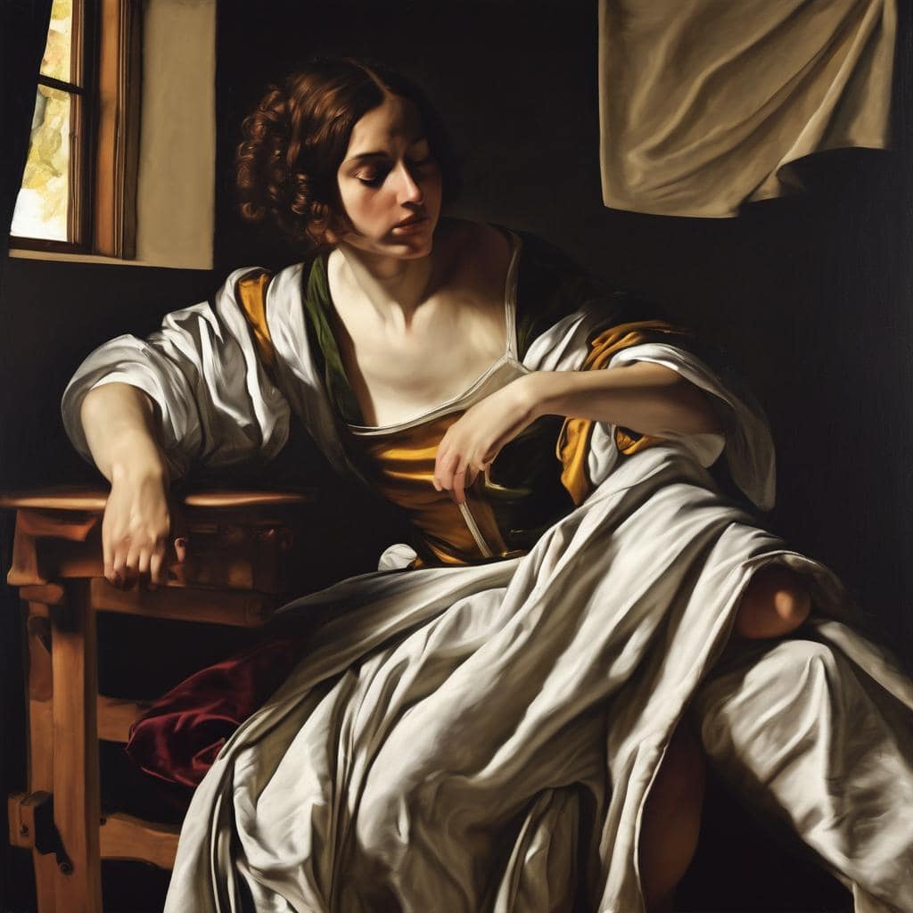 Lady resting in a classical indoor setting, evoking art, history, and emotional reflection.