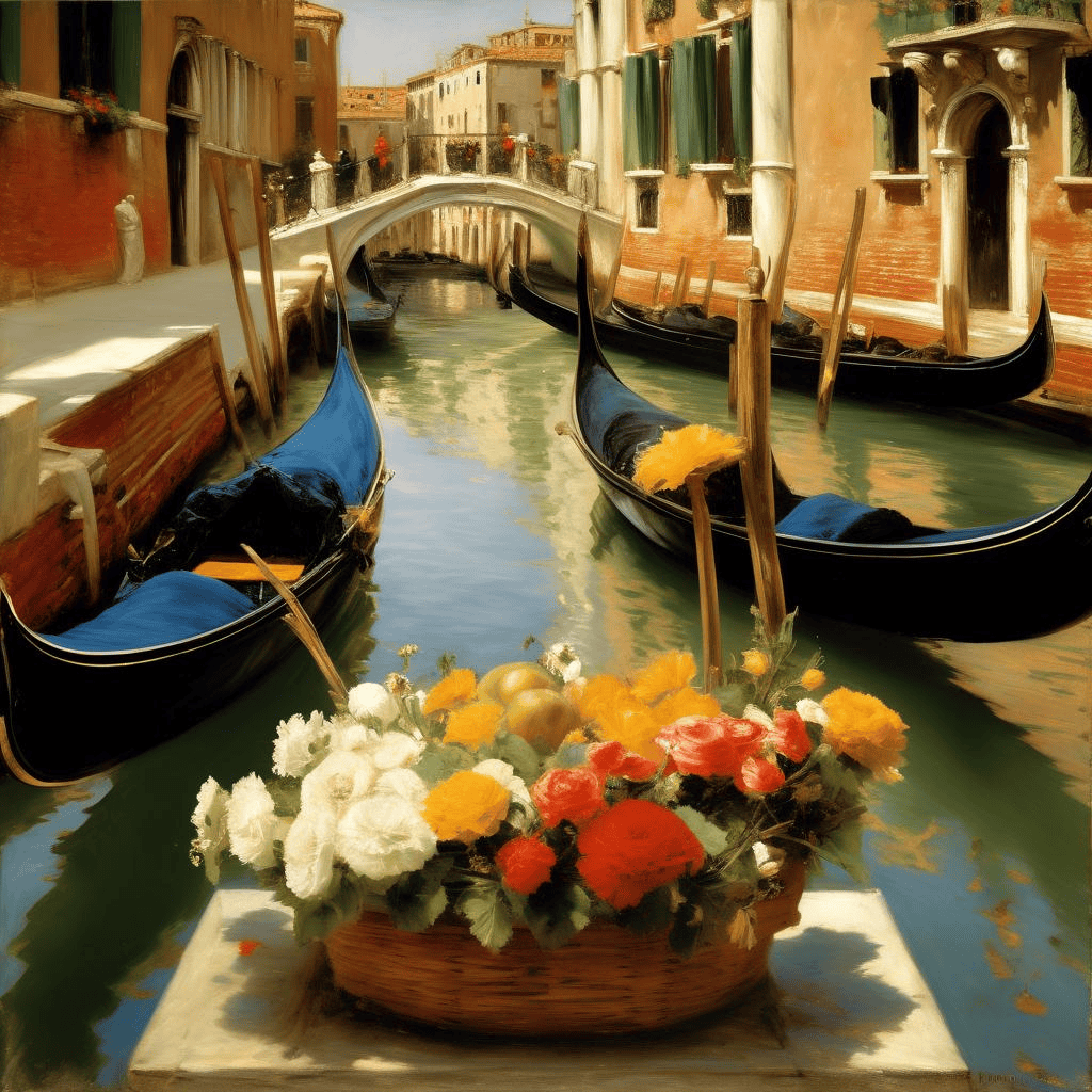 Gondolas along Venetian Canal (aka Gondola in Venice) – William Merritt Chase